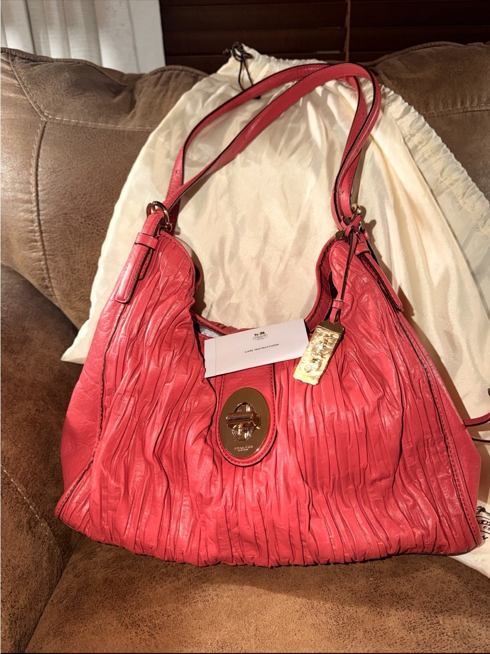 Coach Coral Pink Leather Pleated Shoulder Bag with Gold Hardware